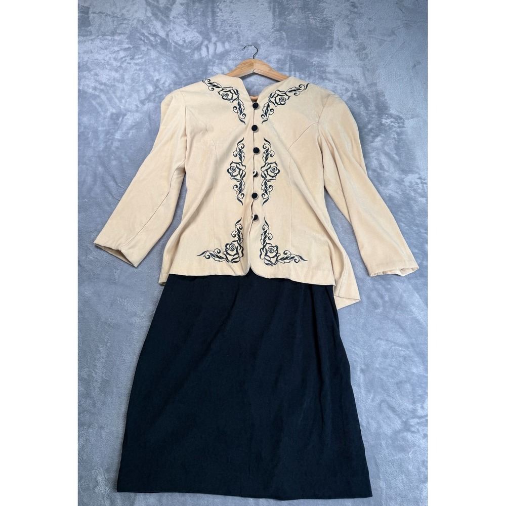 Vintage Karin Stevens Dress Womens 10P Beige Floral Embroidered